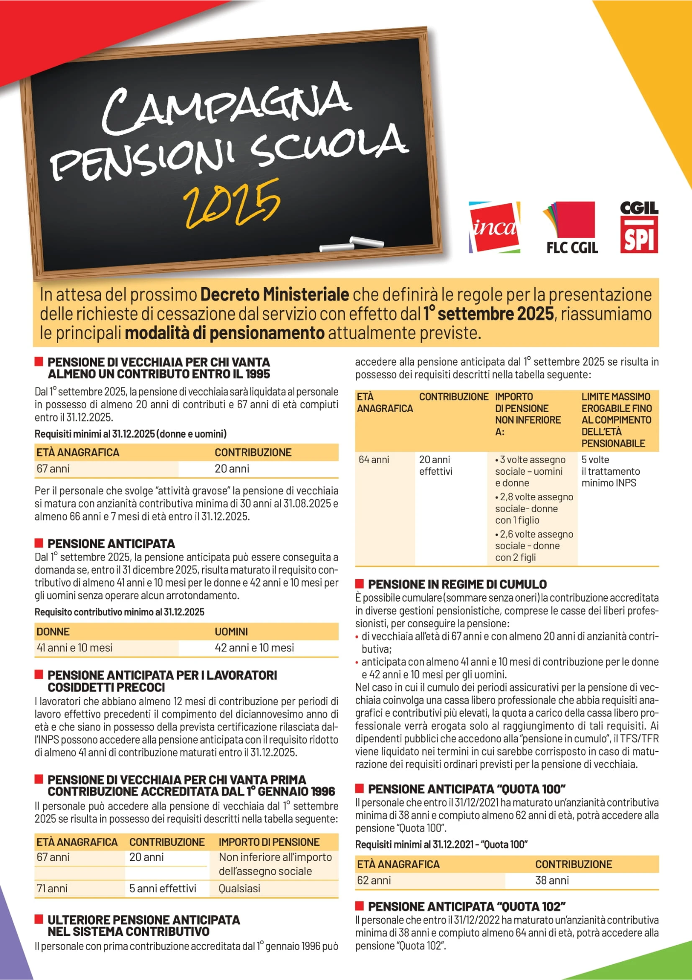 INCA FLC SPI Pensioni SCUOLA 2025 A4 volantino Pagina 1